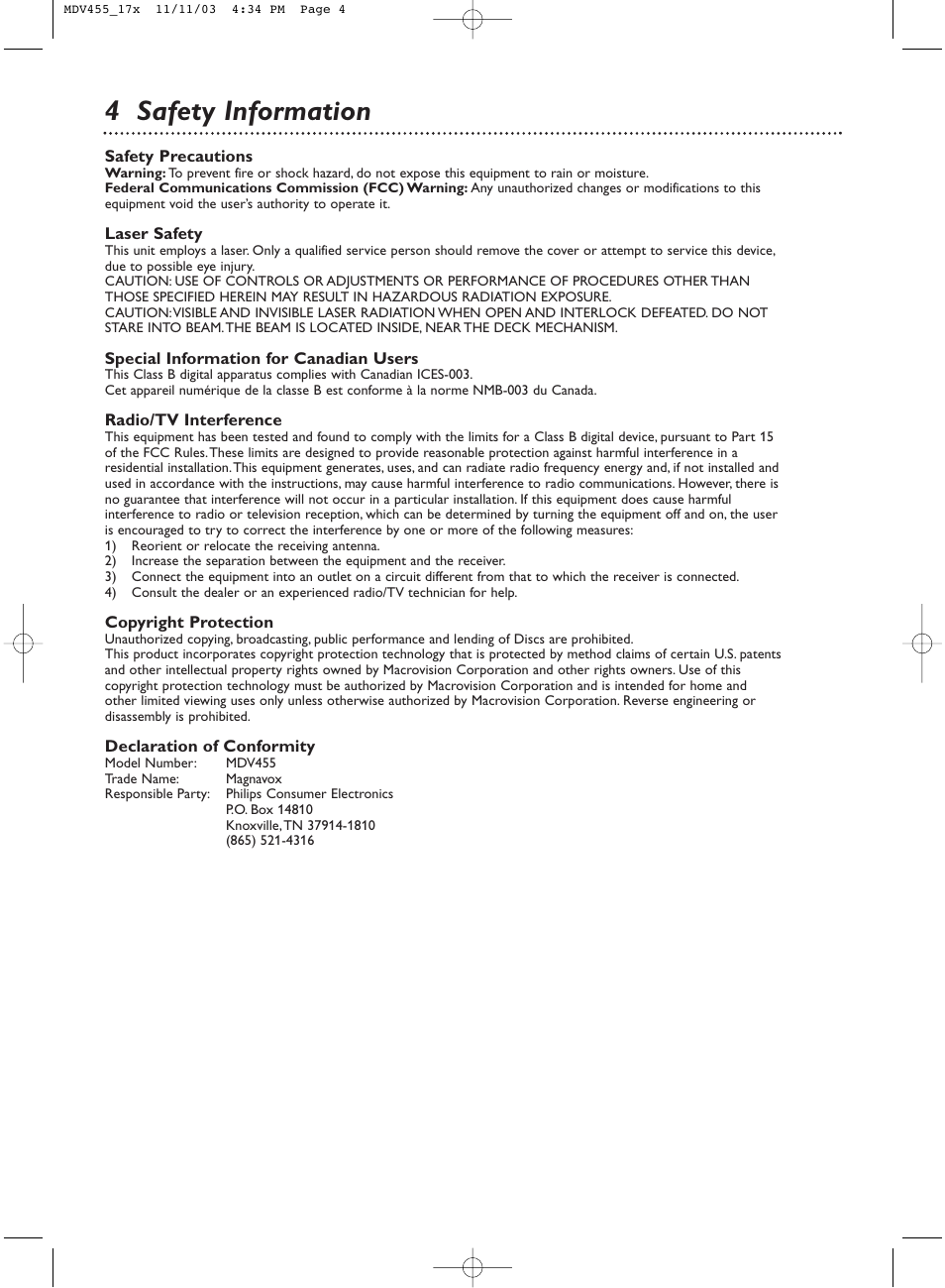 4 safety information | Philips Magnavox MDV455 User Manual | Page 4 / 47