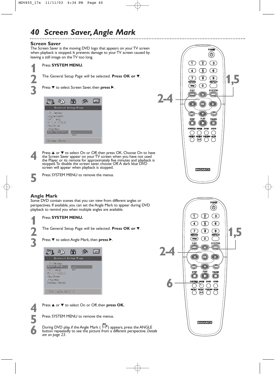 40 screen saver, angle mark | Philips Magnavox MDV455 User Manual | Page 40 / 47