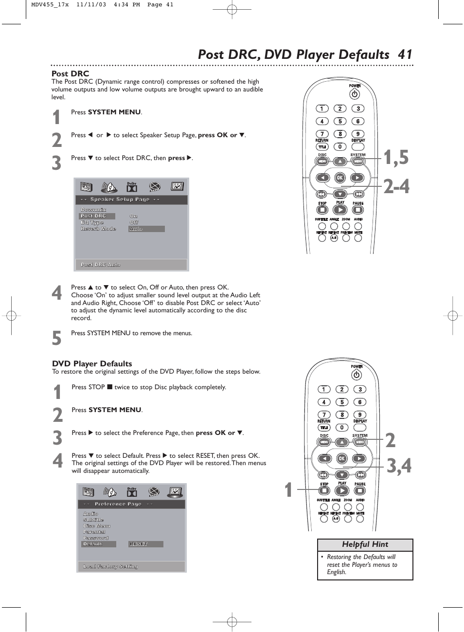 Post drc, dvd player defaults 41 | Philips Magnavox MDV455 User Manual | Page 41 / 47