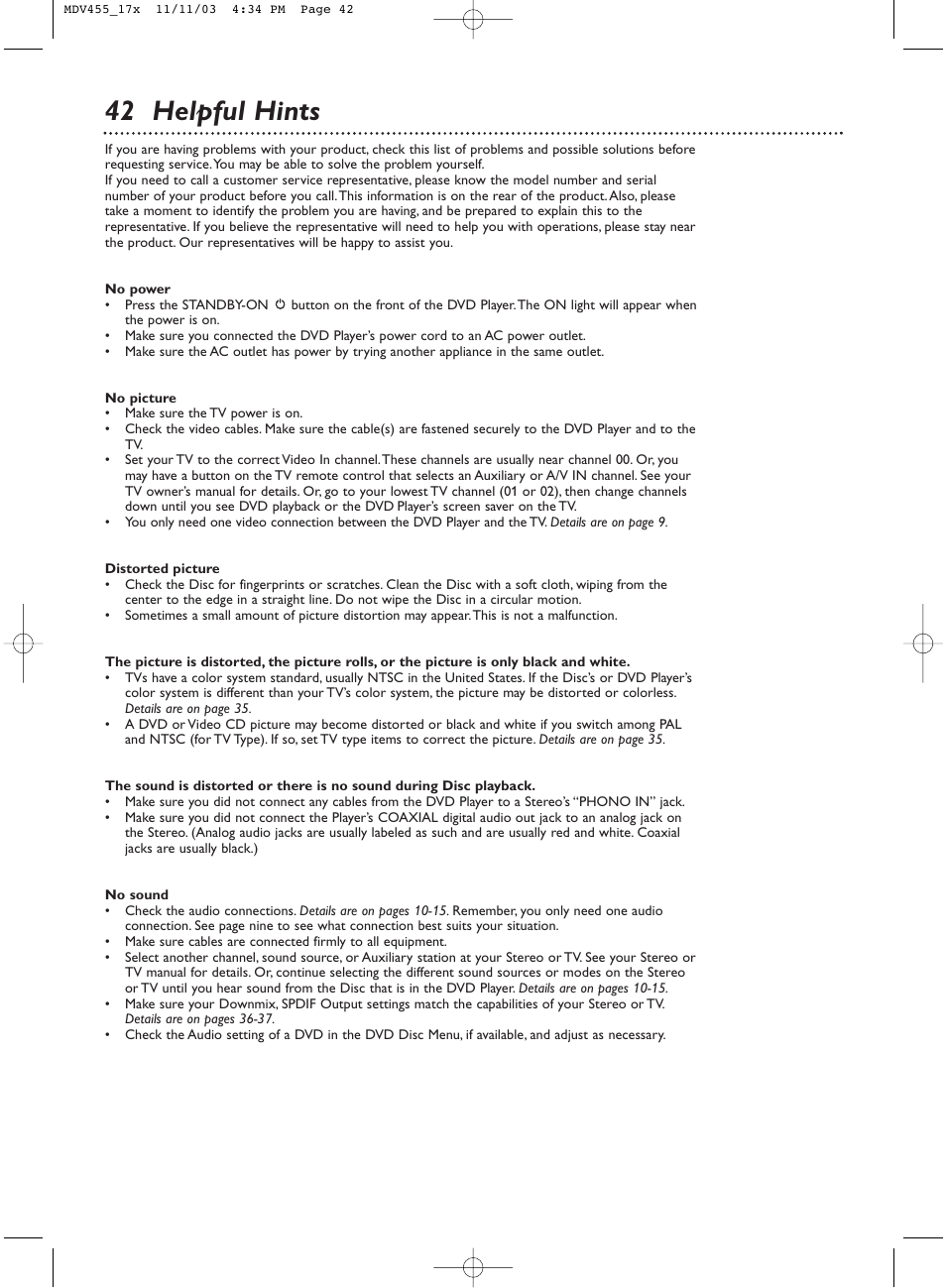 42 helpful hints | Philips Magnavox MDV455 User Manual | Page 42 / 47