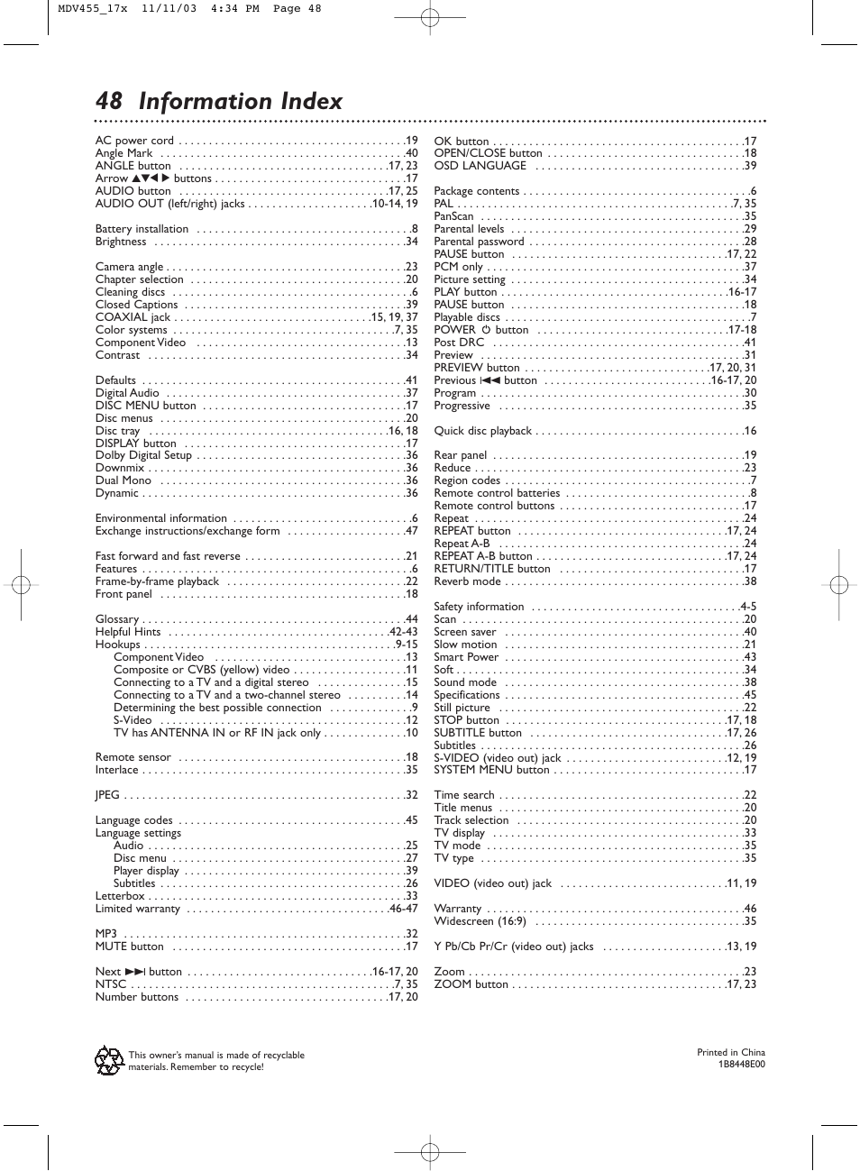 48 information index | Philips Magnavox MDV455 User Manual | Page 47 / 47