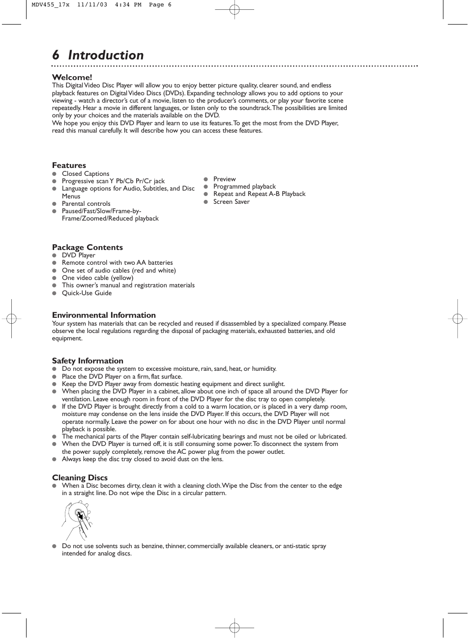 6 introduction, Welcome, Package contents | Environmental information, Safety information, Cleaning discs, Features | Philips Magnavox MDV455 User Manual | Page 6 / 47