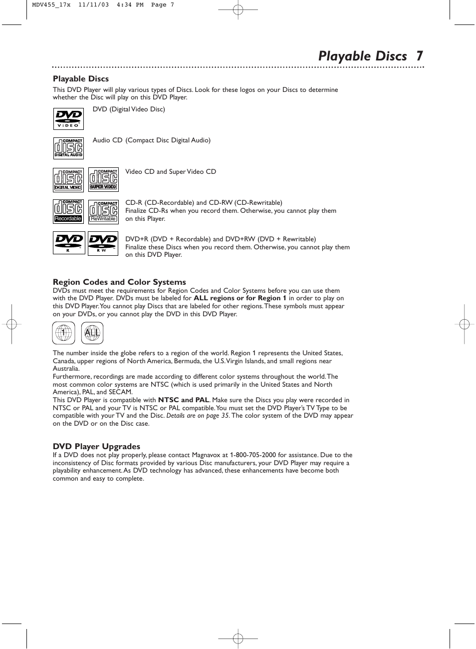 Playable discs 7 | Philips Magnavox MDV455 User Manual | Page 7 / 47