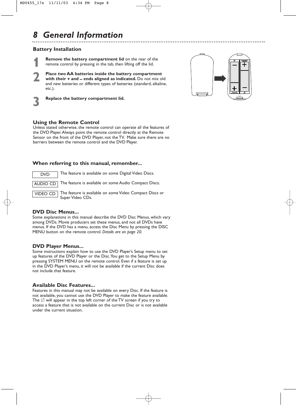 8 general information | Philips Magnavox MDV455 User Manual | Page 8 / 47