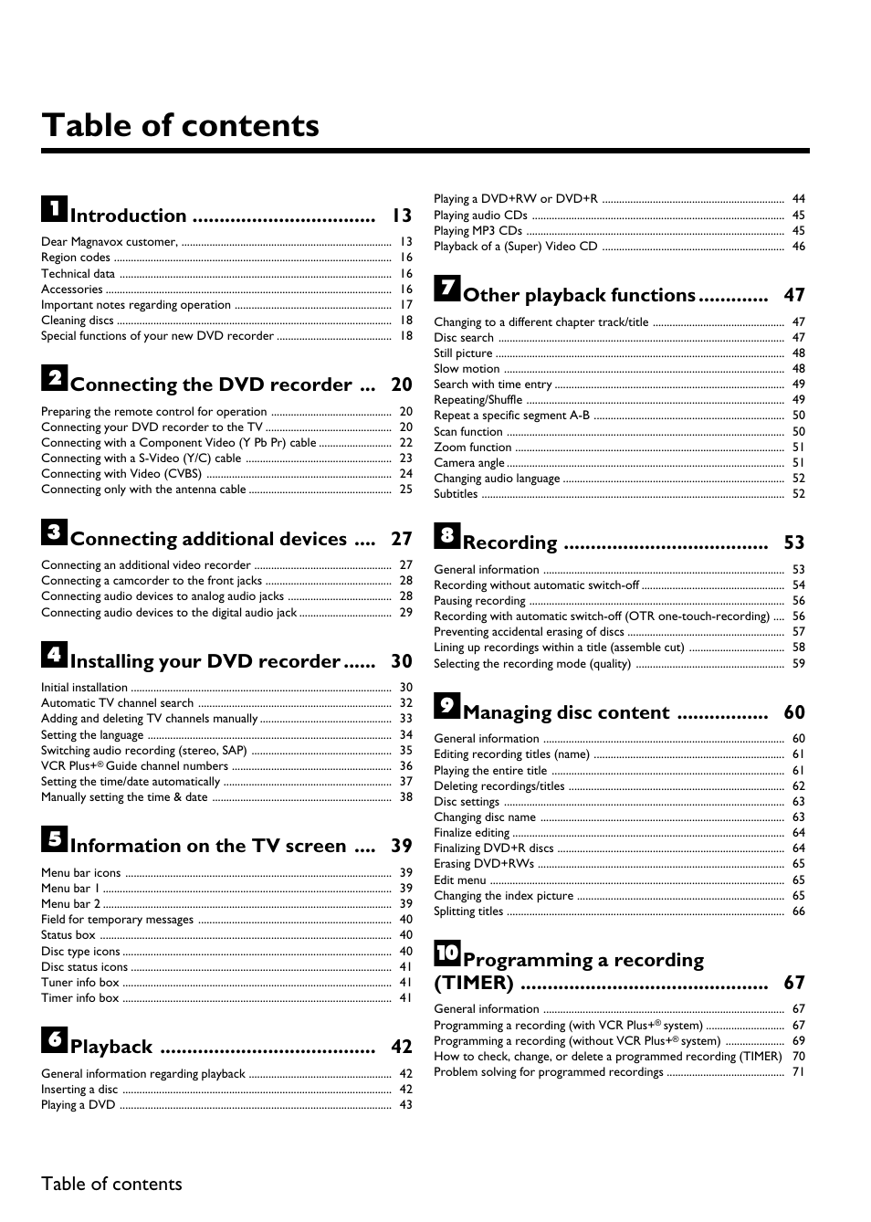 Table ofcontents a, Introduction 13, Connecting the dvd recorder 20 | Connecting additional devices 27, Installing your dvd recorder 30, Information on the tv screen 39, Playback 42, Other playback functions 47, Recording 53, Managing disc content 60 | Philips Magnavox MDV650R User Manual | Page 13 / 88