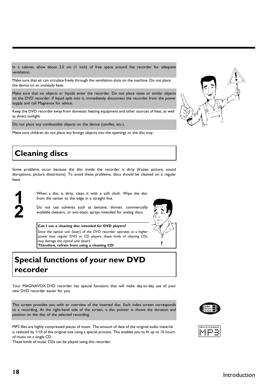 Cleaning discs, Special functions of your new dvd recorder | Philips Magnavox MDV650R User Manual | Page 20 / 88