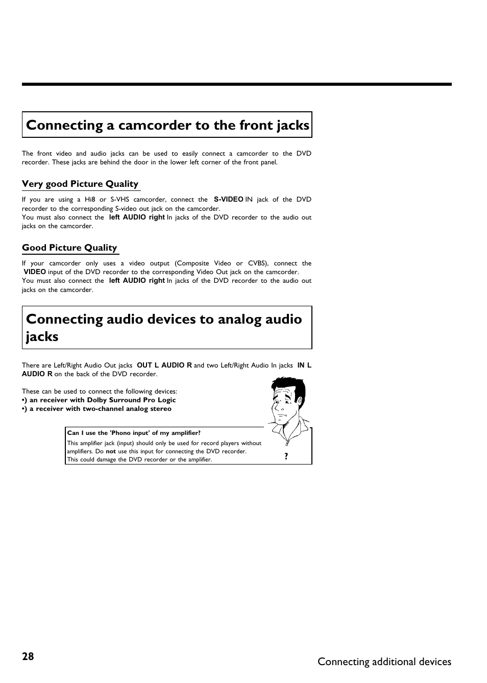 Connecting a camcorder to the front jacks, Connecting audio devices to analog audio jacks, Connecting additional devices | Philips Magnavox MDV650R User Manual | Page 30 / 88