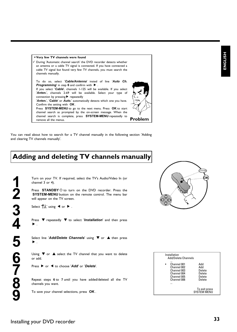 Adding and deleting tv channels manually | Philips Magnavox MDV650R User Manual | Page 35 / 88