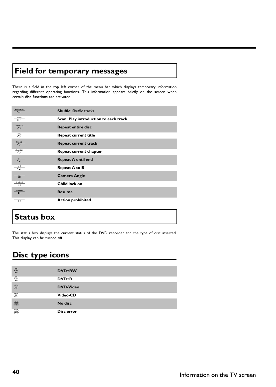 Field for temporary messages, Status box, Disc type icons | Philips Magnavox MDV650R User Manual | Page 42 / 88