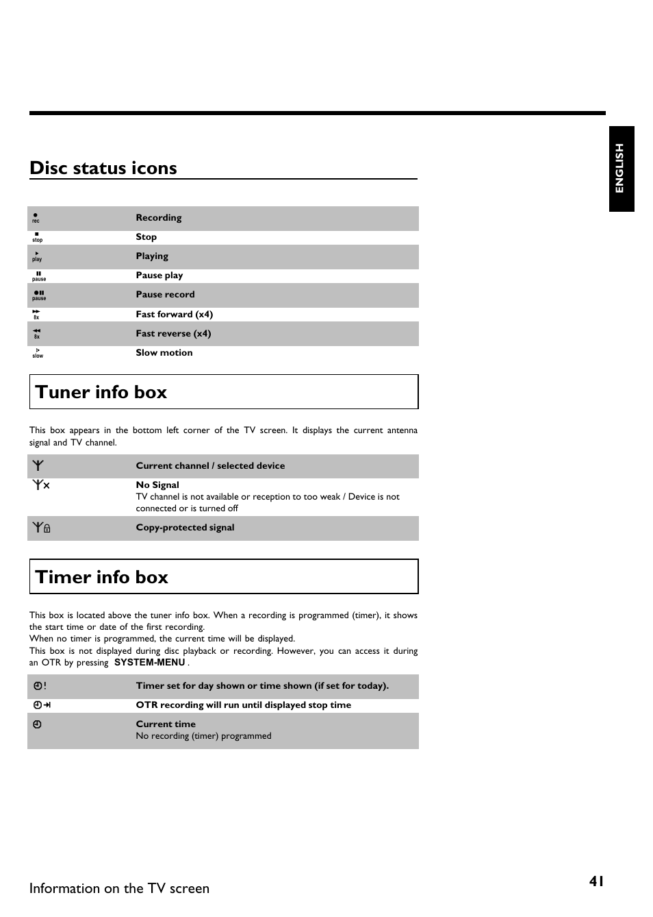 Disc status icons, Tuner info box, Timer info box | Philips Magnavox MDV650R User Manual | Page 43 / 88