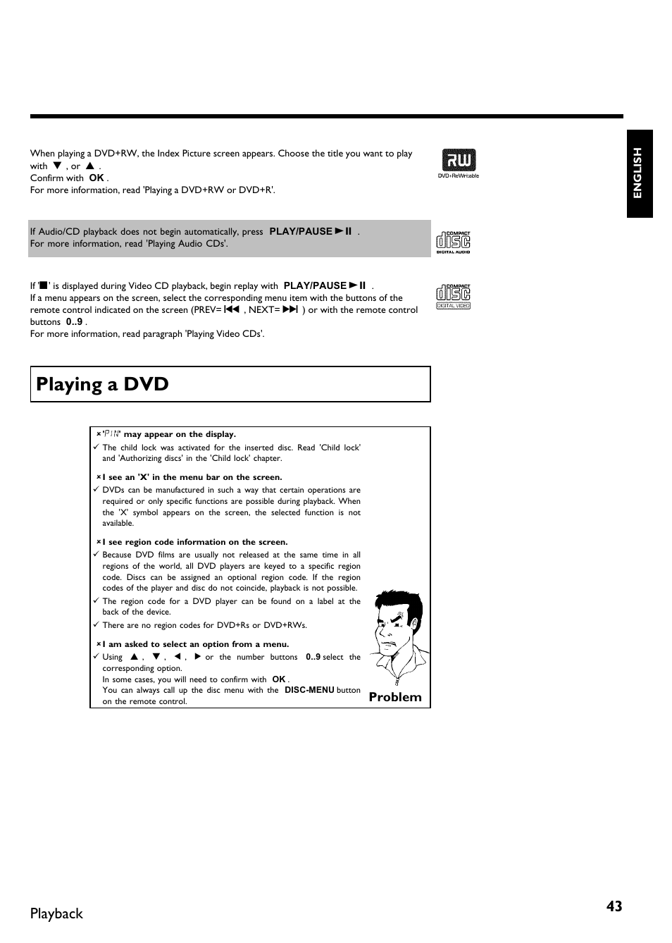 Playing a dvd, Playback, Problem | Philips Magnavox MDV650R User Manual | Page 45 / 88