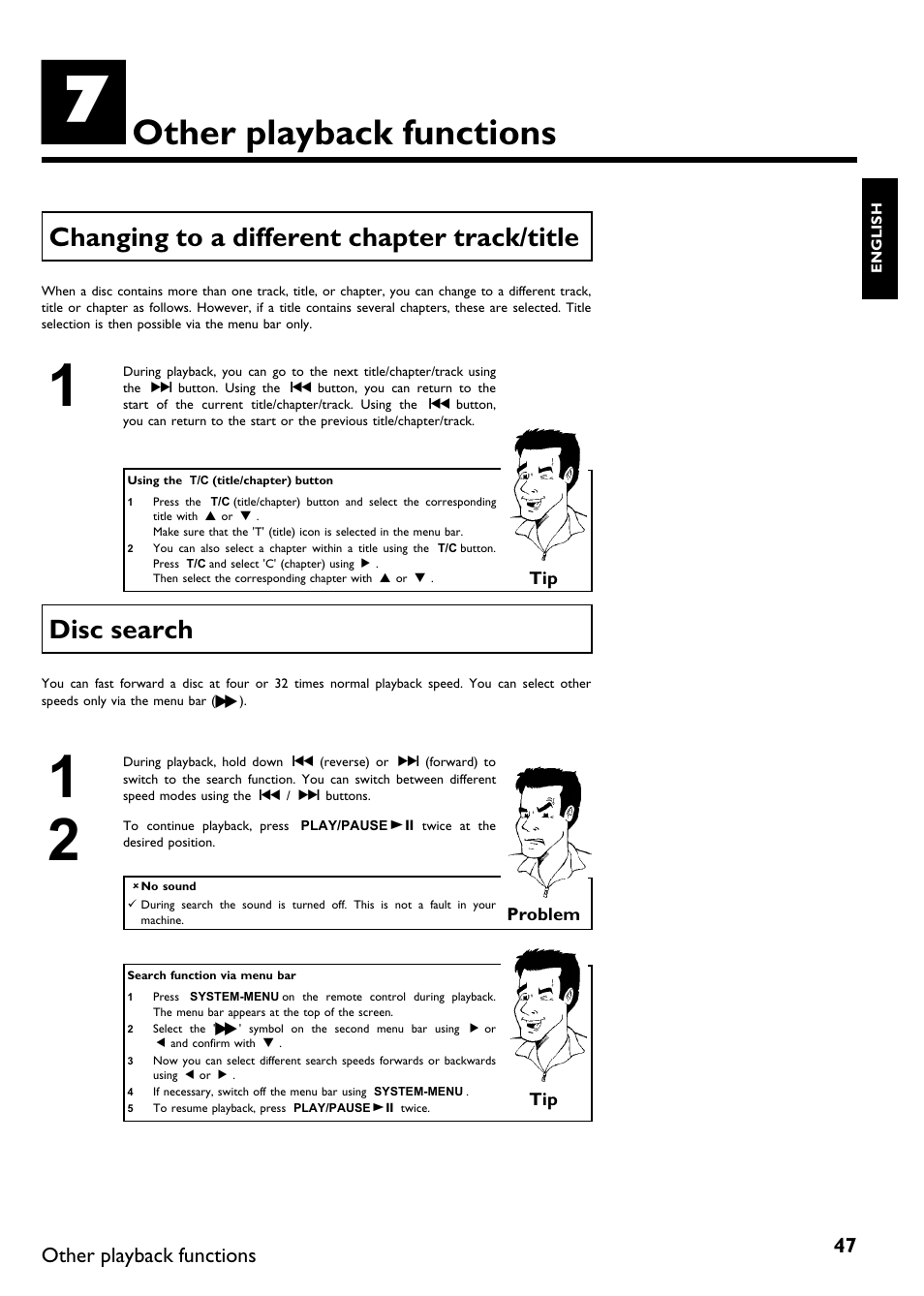 Other playback functions, Changing to a different chapter track/title, Disc search | Philips Magnavox MDV650R User Manual | Page 49 / 88