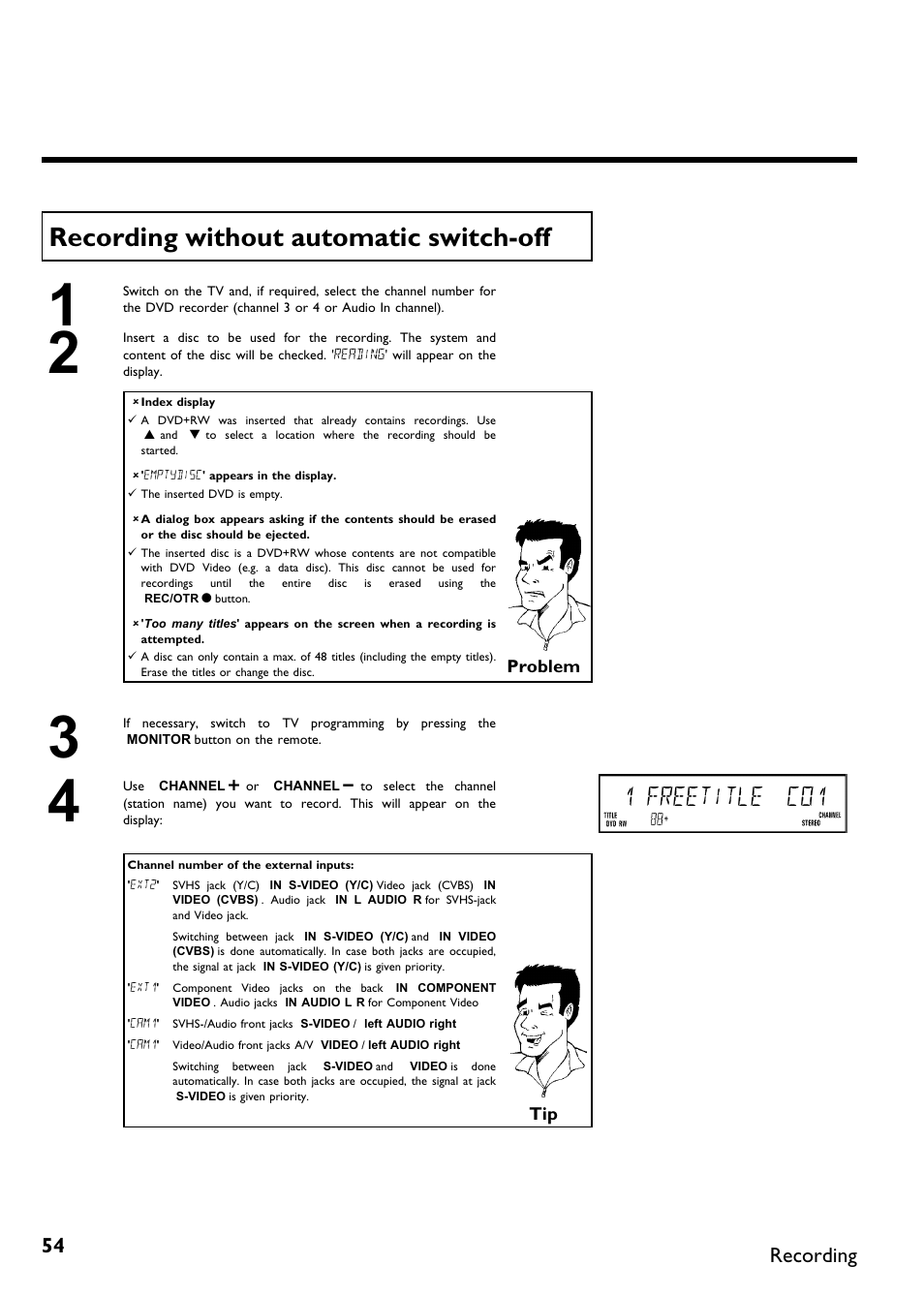 Recording without automatic switch off, 1 freetitle c01, Recording | Philips Magnavox MDV650R User Manual | Page 56 / 88