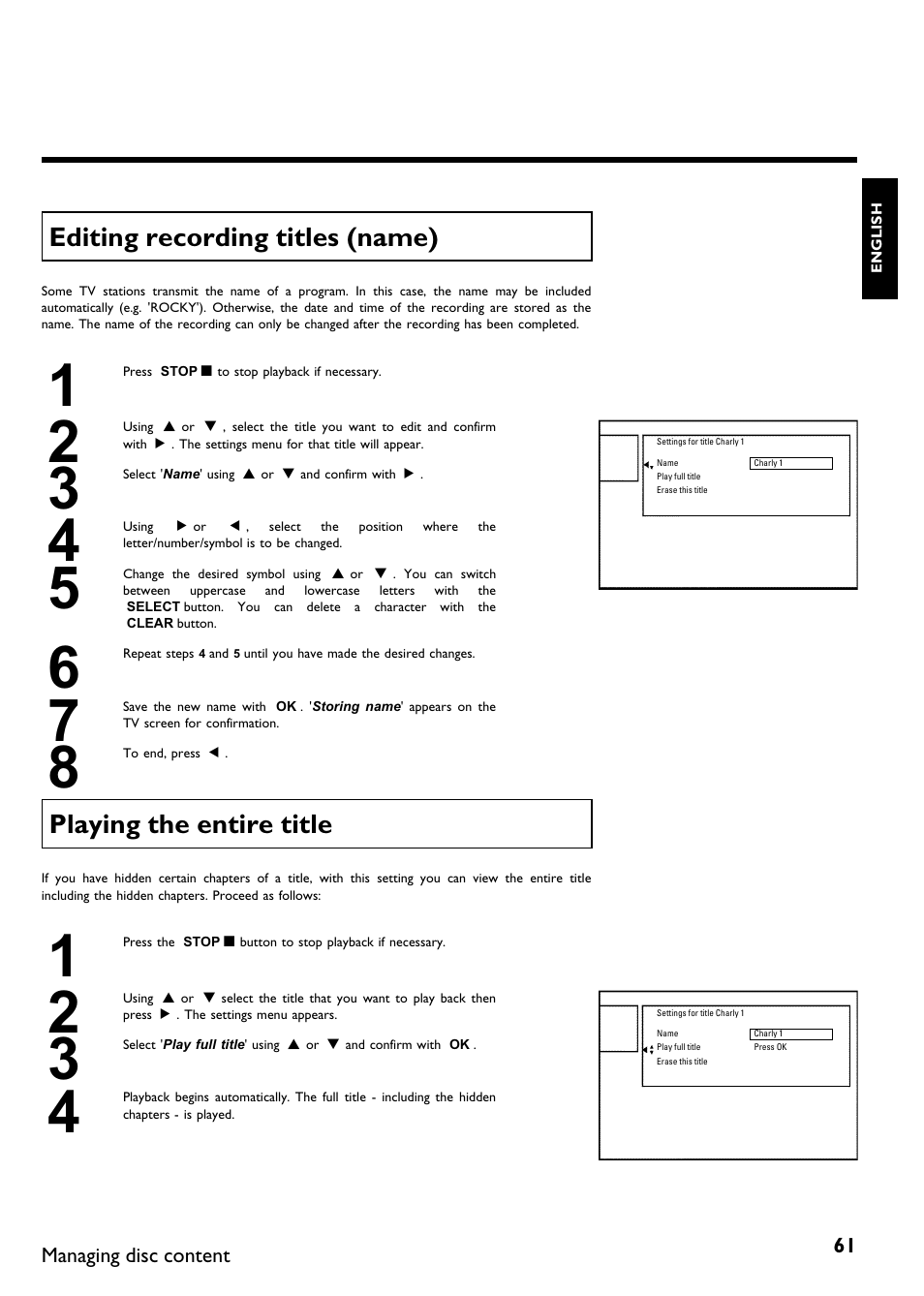 Editing recording titles (name), Playing the entire title | Philips Magnavox MDV650R User Manual | Page 63 / 88