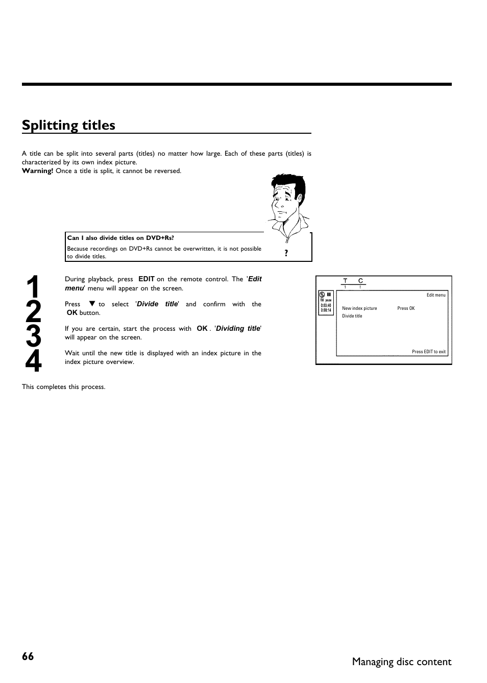 Splitting titles | Philips Magnavox MDV650R User Manual | Page 68 / 88