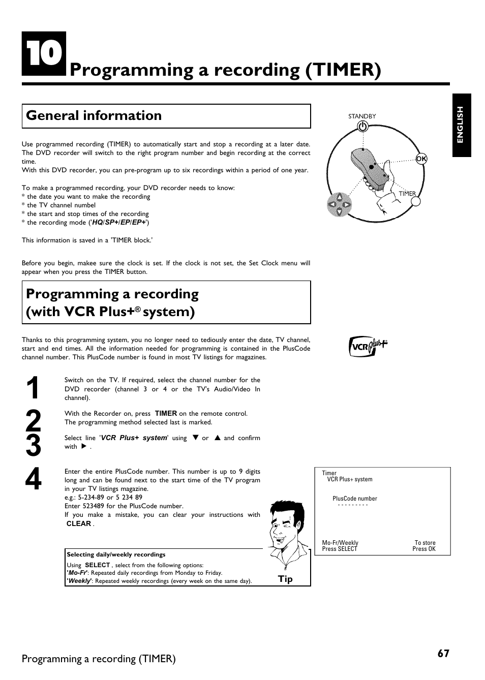 Programming a recording (timer), General information, Programming a recording (with vcr plus | System) | Philips Magnavox MDV650R User Manual | Page 69 / 88