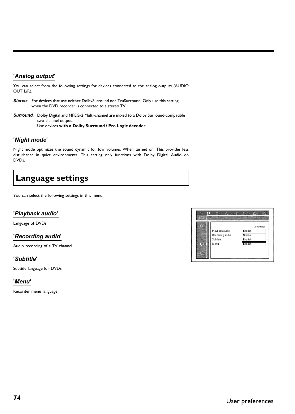 Language settings, User preferences | Philips Magnavox MDV650R User Manual | Page 76 / 88