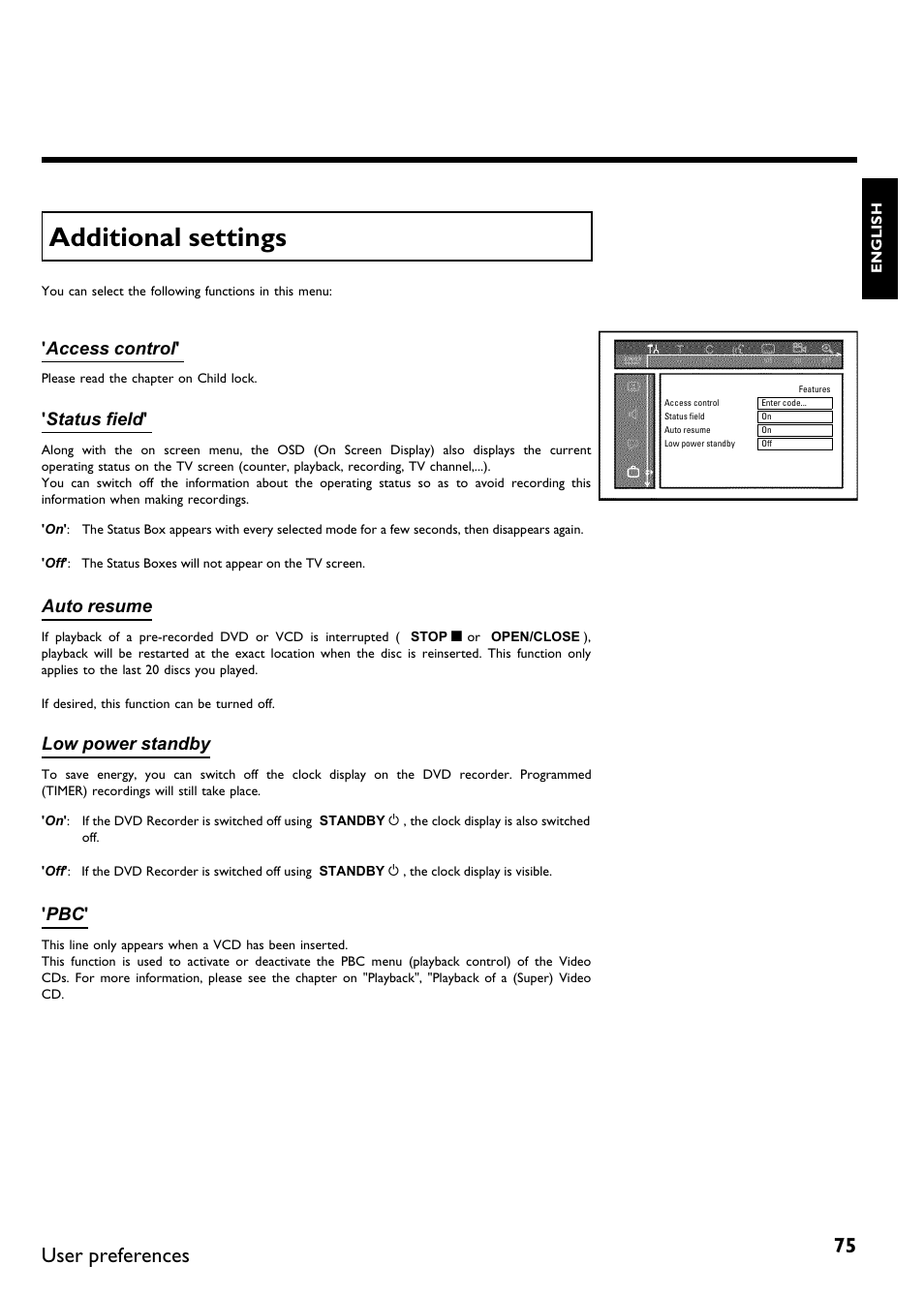 Additional settings, User preferences, Access control | Status field, Auto resume, Low power standby | Philips Magnavox MDV650R User Manual | Page 77 / 88