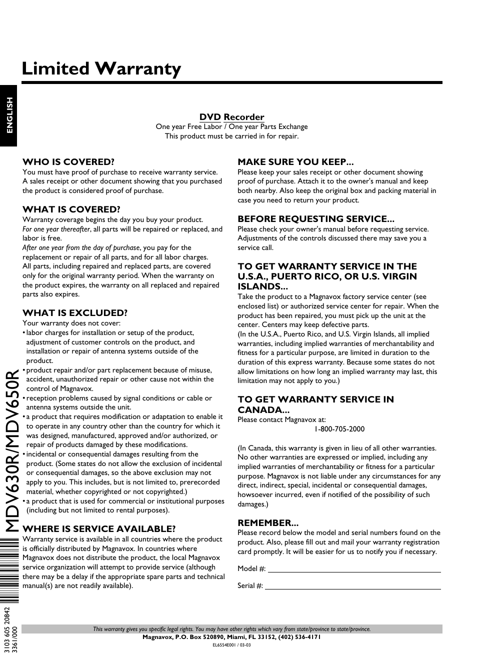 Limited warranty | Philips Magnavox MDV650R User Manual | Page 86 / 88