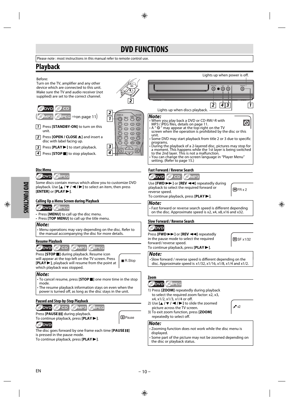 Playback, Dvd functions | Philips Magnavox DP170MGXF User Manual | Page 10 / 24