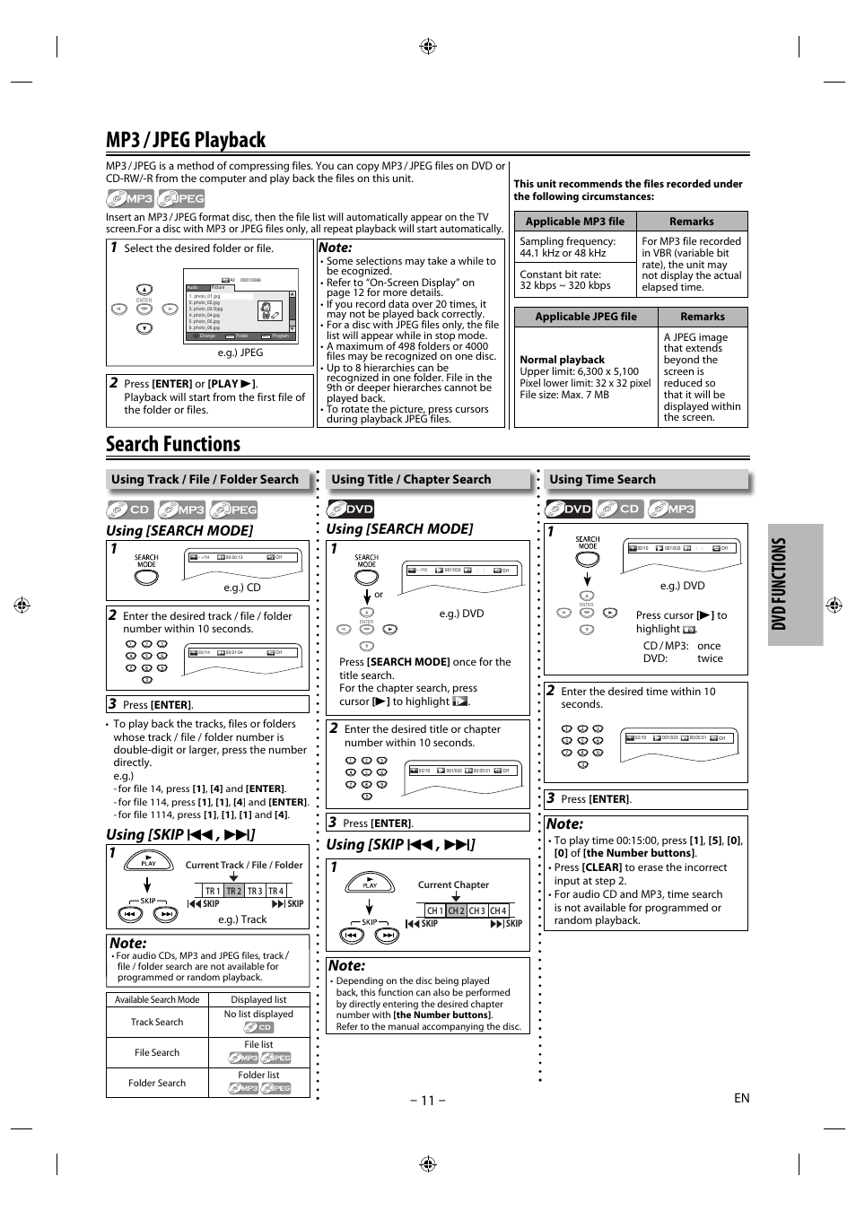 Search functions, Mp3 / jpeg playback, Dvd functions | Using [search mode | Philips Magnavox DP170MGXF User Manual | Page 11 / 24