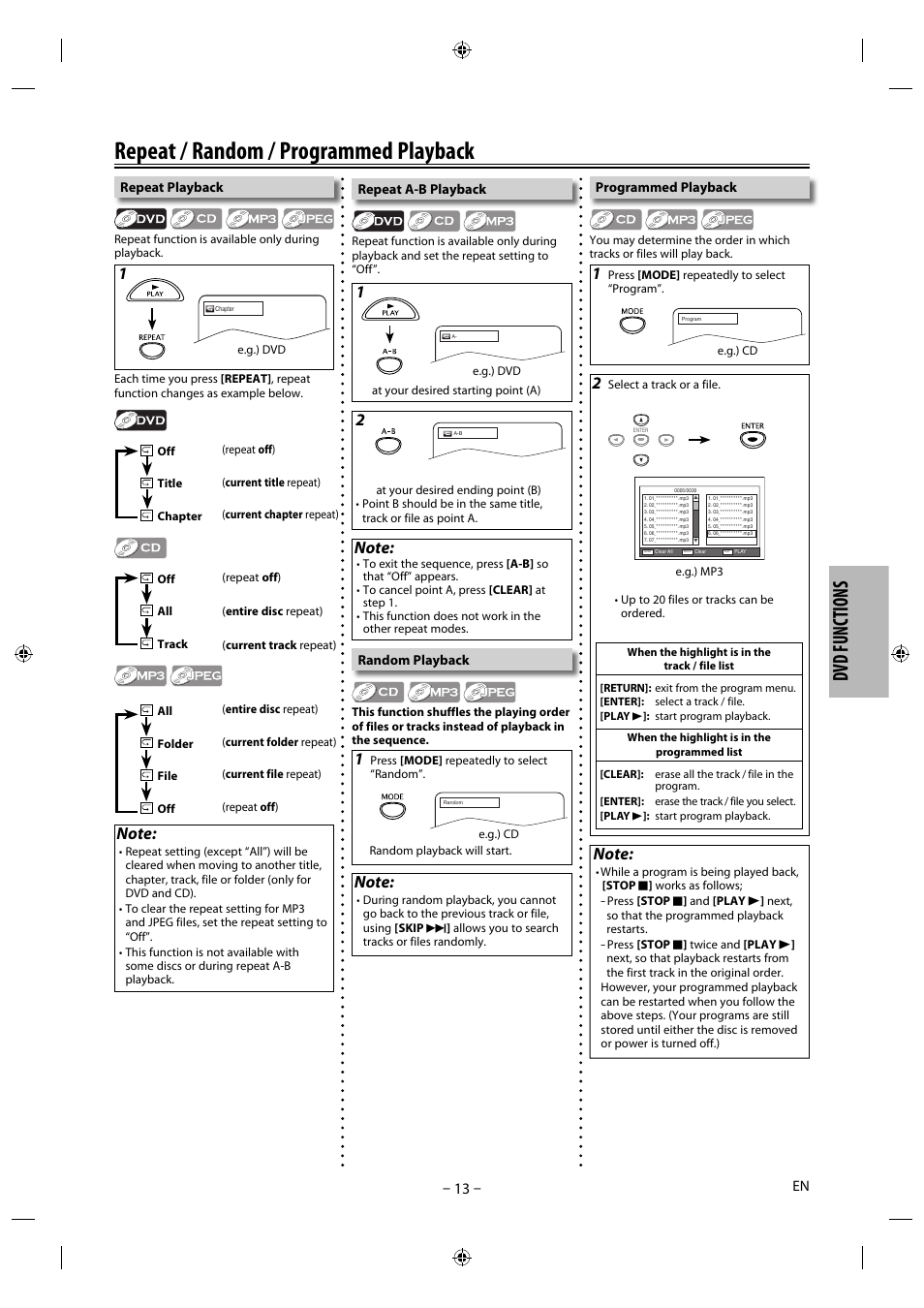 Repeat / random / programmed playback, Dvd functions | Philips Magnavox DP170MGXF User Manual | Page 13 / 24