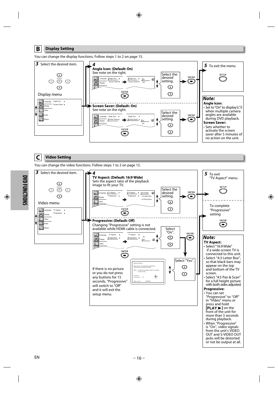 Dvd functions, Display setting, Display menu | Video setting, Video menu | Philips Magnavox DP170MGXF User Manual | Page 16 / 24