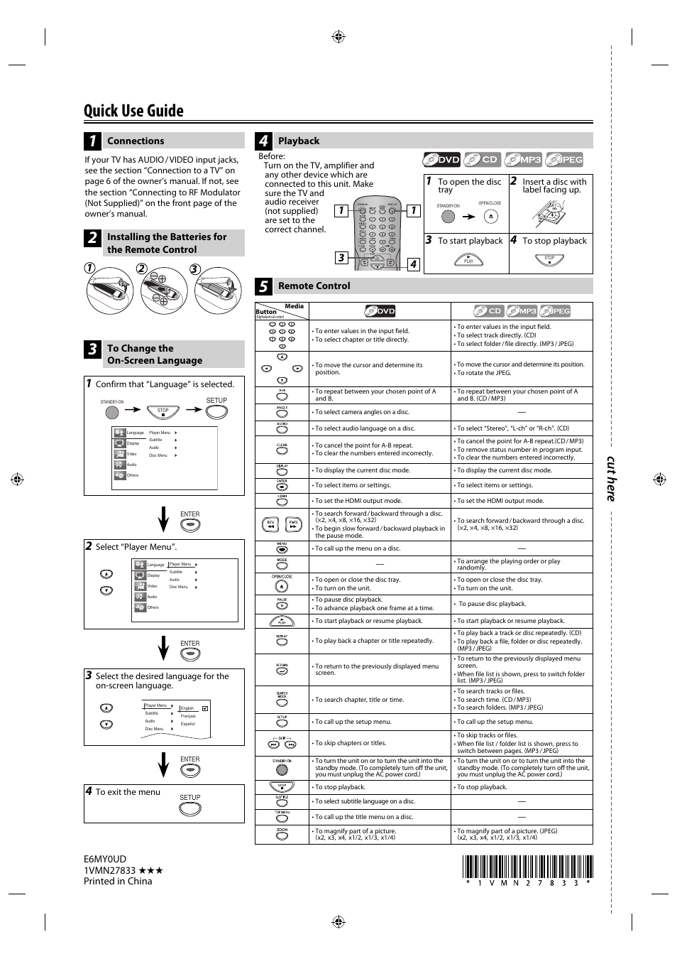 Quick use guide, Cut here, Connections | Playback, Remote control, Installing the batteries for the remote control | Philips Magnavox DP170MGXF User Manual | Page 24 / 24