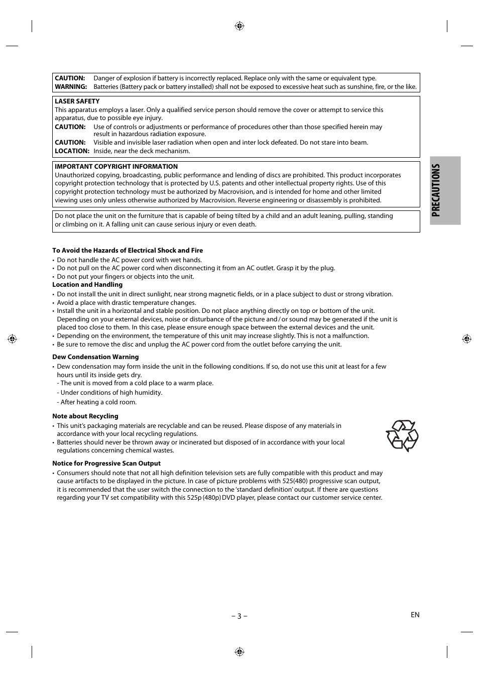 Precautions | Philips Magnavox DP170MGXF User Manual | Page 3 / 24
