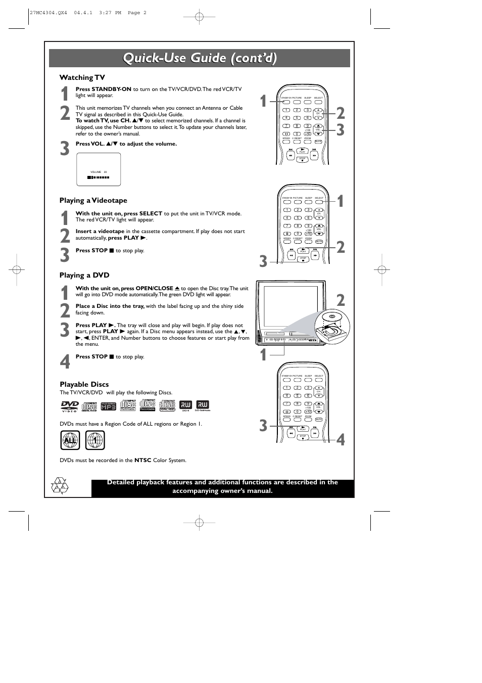 Quick-use guide (cont’d) | Philips Magnavox 20MC4304 User Manual | Page 2 / 4