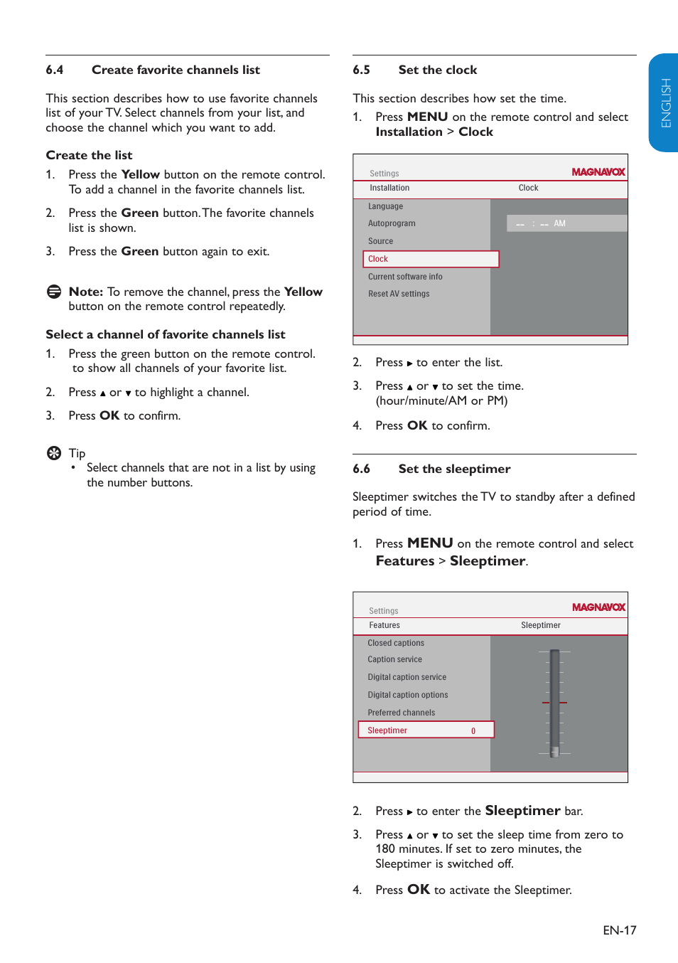 Menu, Features, Sleeptimer | Philips Magnavox 19MF338B User Manual | Page 18 / 35