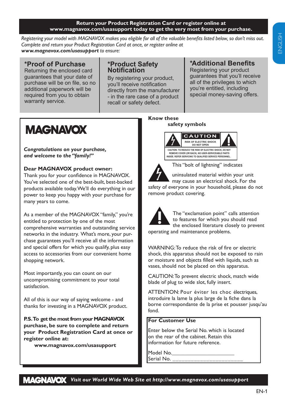 Proof of purchase, Product safety notification, Additional benefits | Philips Magnavox 19MF338B User Manual | Page 2 / 35