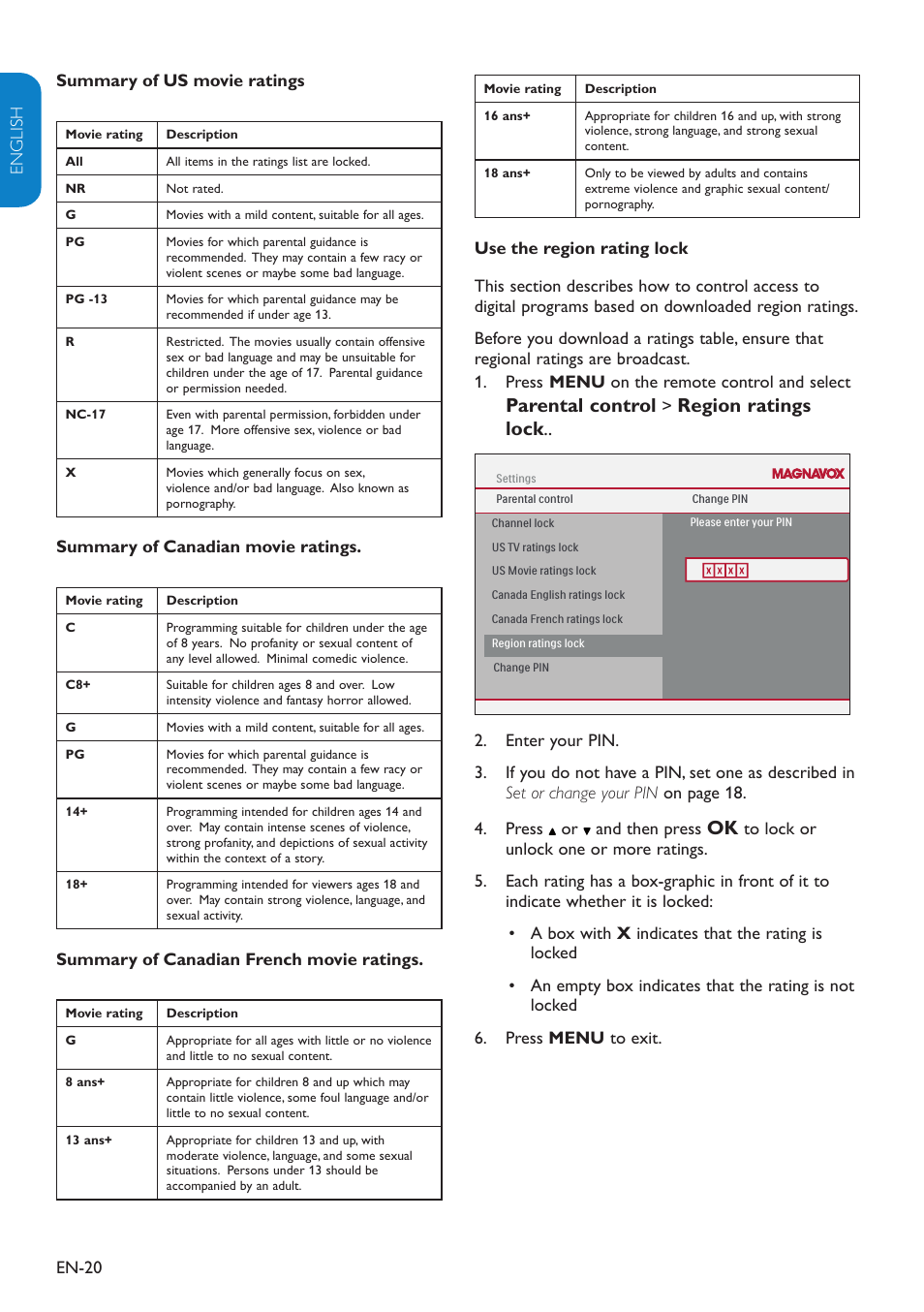 Parental control, Region ratings lock, Summary of canadian movie ratings | Summary of canadian french movie ratings, Menu on the remote control and select | Philips Magnavox 19MF338B User Manual | Page 21 / 35