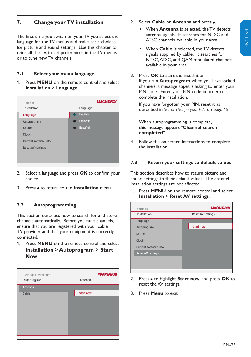 Change your tv installation 7, Installation, Autoprogram > start now | En-23 english française esp añol, Menu on the remote control and select | Philips Magnavox 19MF338B User Manual | Page 24 / 35