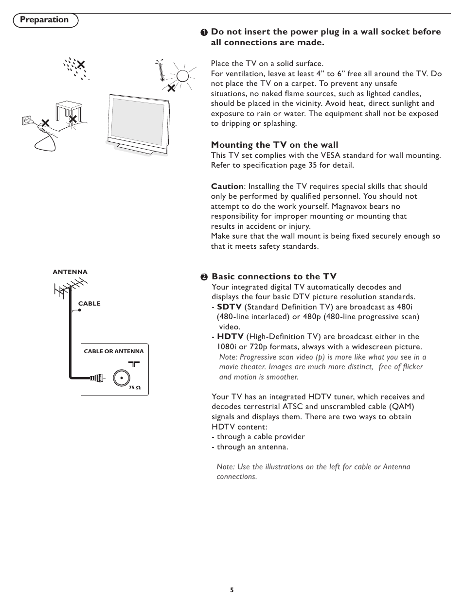 Mounting the tv on the wall, Basic connections to the tv | Philips Magnavox 37MF437B User Manual | Page 12 / 43