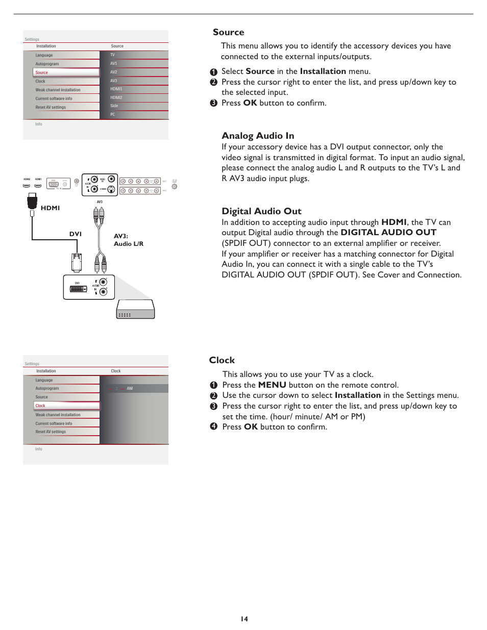 Analog audio in, Digital audio out, Source | Clock, Hdmi dvi av3: audio l/r | Philips Magnavox 37MF437B User Manual | Page 21 / 43