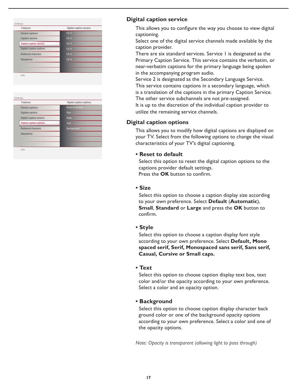 Reset to default, Size, Style | Text, Background, Digital caption options, Digital caption service | Philips Magnavox 37MF437B User Manual | Page 24 / 43