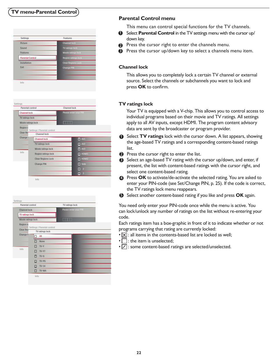 Parental control menu, Tv menu-parental control | Philips Magnavox 37MF437B User Manual | Page 29 / 43