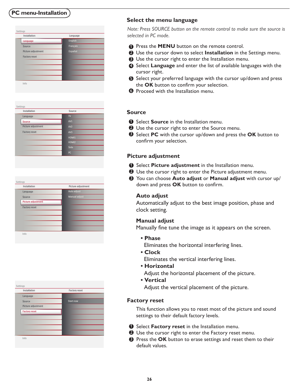 Pc menu-installation, Select the menu language, Source | Picture adjustment | Philips Magnavox 37MF437B User Manual | Page 33 / 43