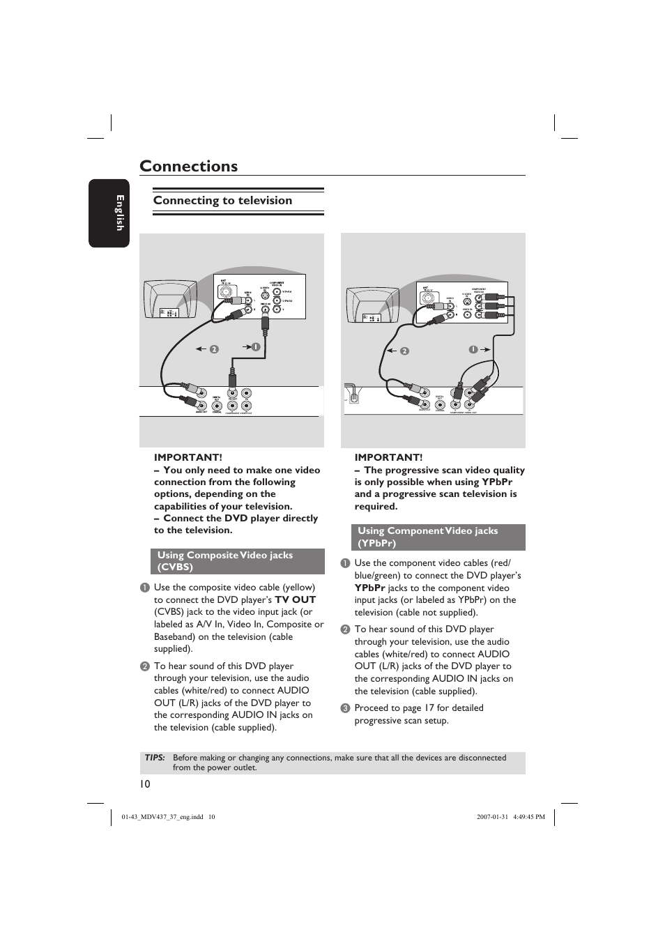 Connections, Connecting to television, English | Philips Magnavox MDV437 User Manual | Page 10 / 43