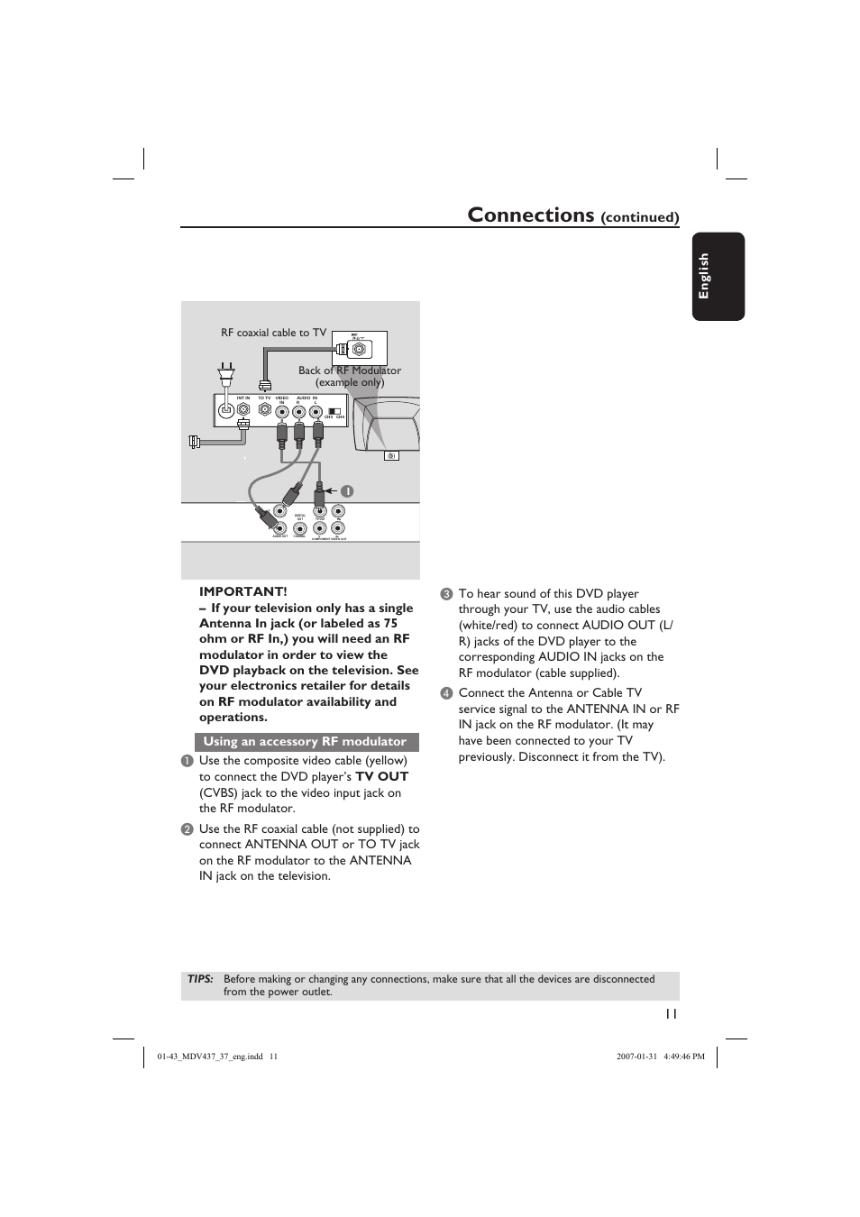 Connections, Continued), English | Philips Magnavox MDV437 User Manual | Page 11 / 43