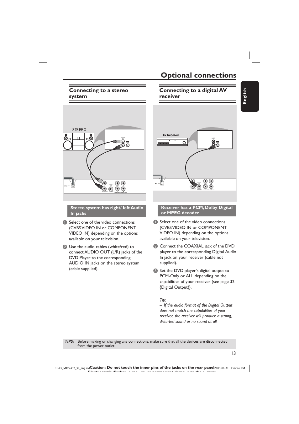 Optional connections, Connecting to a stereo system, Connecting to a digital av receiver | English | Philips Magnavox MDV437 User Manual | Page 13 / 43