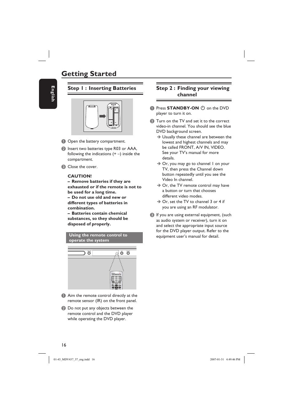 Getting started | Philips Magnavox MDV437 User Manual | Page 16 / 43