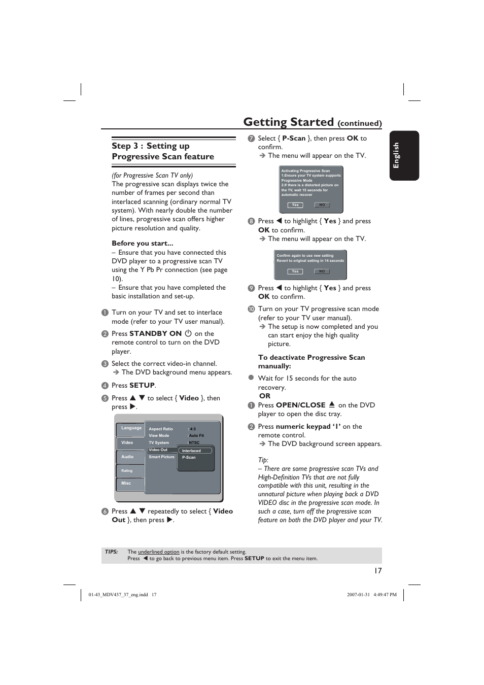 Getting started, Step 3 : setting up progressive scan feature, Continued) | Philips Magnavox MDV437 User Manual | Page 17 / 43