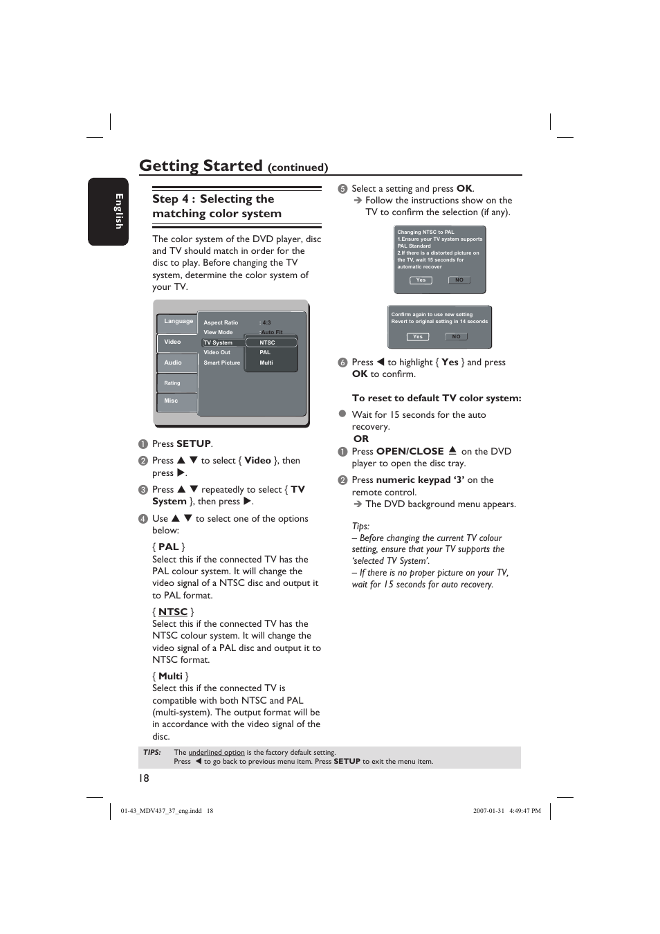 Getting started, Step 4 : selecting the matching color system, Continued) | Philips Magnavox MDV437 User Manual | Page 18 / 43