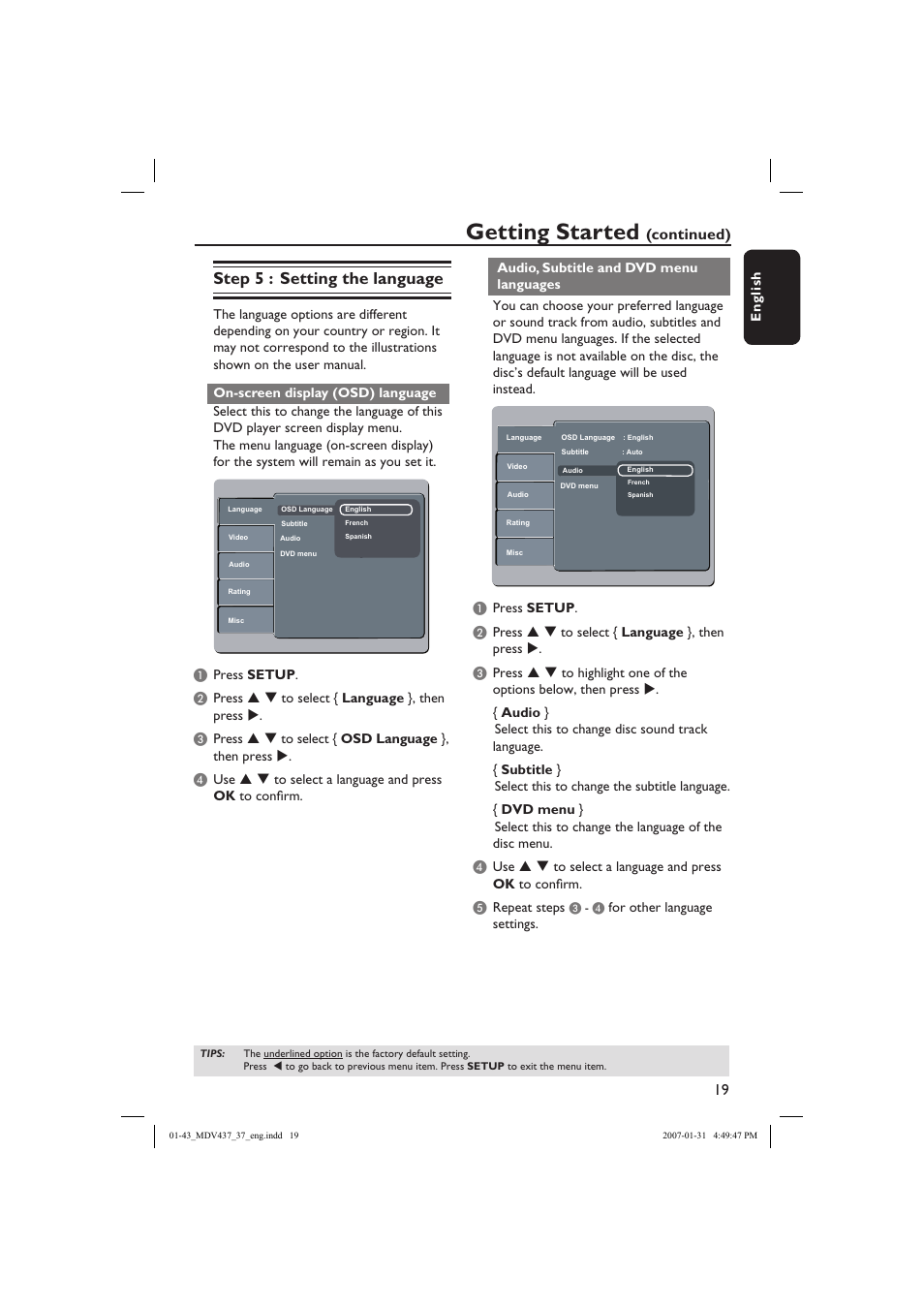 Getting started, Step 5 : setting the language, Continued) | Philips Magnavox MDV437 User Manual | Page 19 / 43