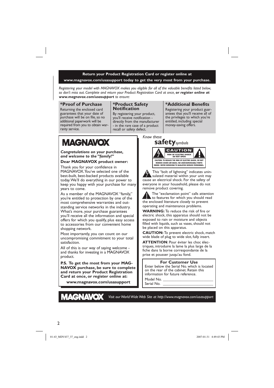 Safety, Proof of purchase, Product safety notification | Additional benefits | Philips Magnavox MDV437 User Manual | Page 2 / 43