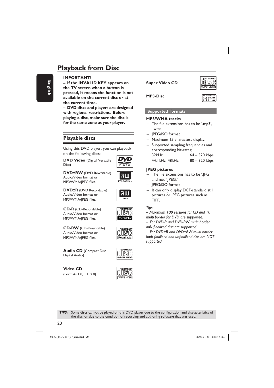 Playback from disc, Playable discs | Philips Magnavox MDV437 User Manual | Page 20 / 43