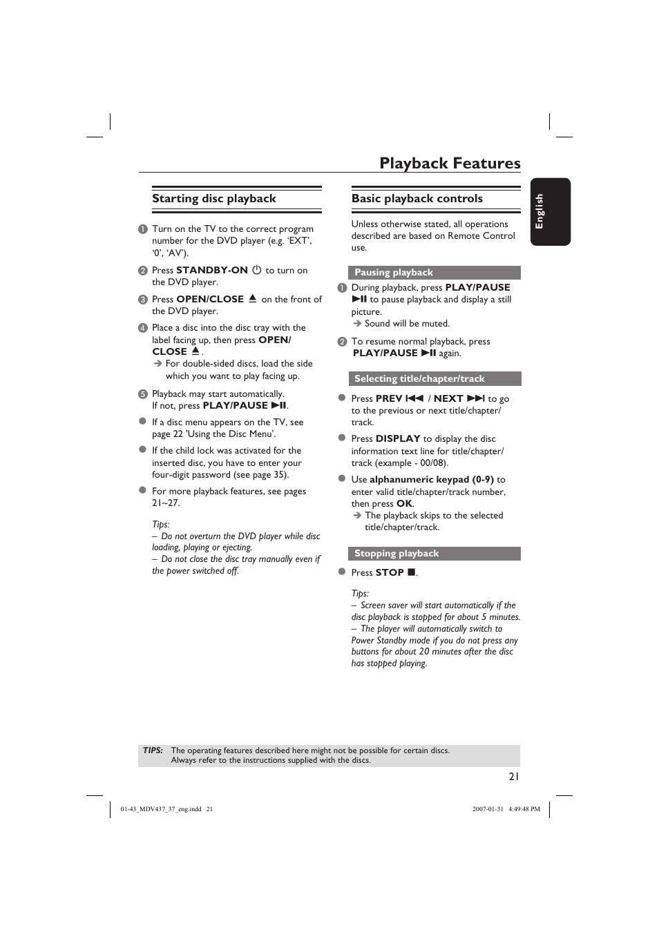 Playback features | Philips Magnavox MDV437 User Manual | Page 21 / 43