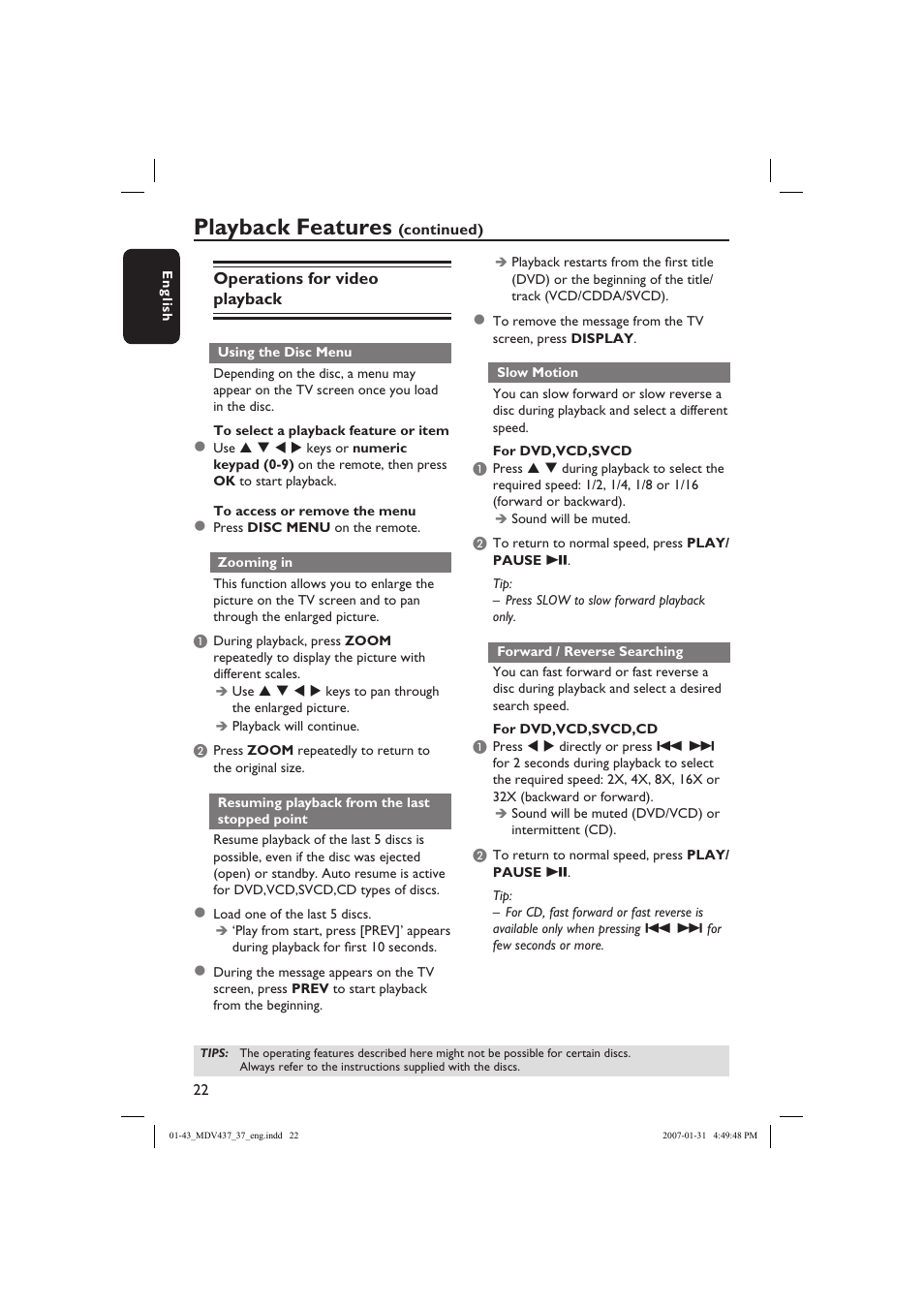 Playback features | Philips Magnavox MDV437 User Manual | Page 22 / 43